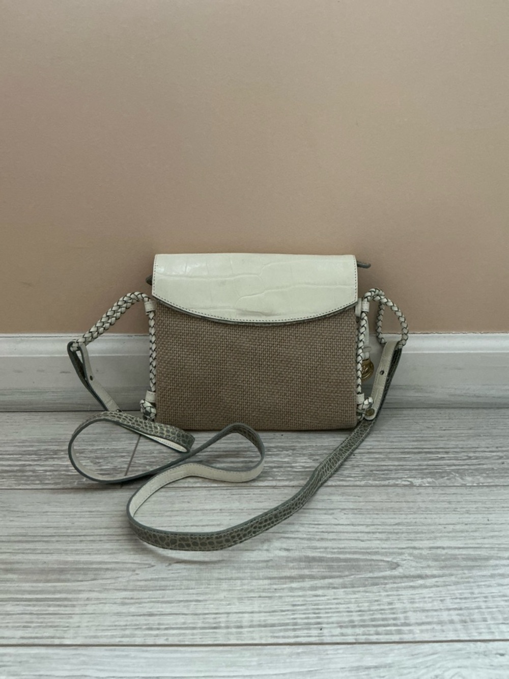 Brahmin Beige and Cream Woven Crossbody Shoulder Bag